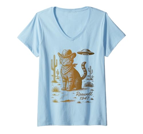 Damen Roswell 1947 Cowboy-Katze mit UFO im Retro-Stil T-Shirt mit V-Ausschnitt Damen Roswell 1947 Cowboy-Katze mit UFO im Retro-Stil T-Shirt mit V-Ausschnitt von Cosmic Cats Cowboys