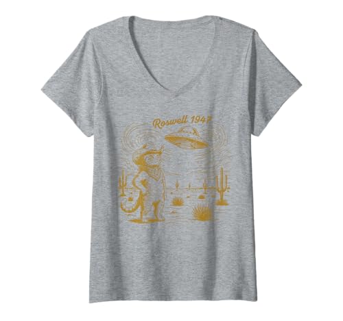 Damen Roswell 1947 Cowboy-Katze mit UFO im Retro-Stil T-Shirt mit V-Ausschnitt Damen Roswell 1947 Cowboy-Katze mit UFO im Retro-Stil T-Shirt mit V-Ausschnitt von Cosmic Cats Cowboys