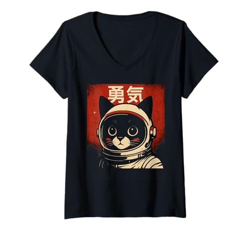 Damen Weltraum Tier Anime Abenteuer Süße Kawaii Astronaut Katze T-Shirt mit V-Ausschnitt Damen Weltraum Tier Anime Abenteuer Süße Kawaii Astronaut Katze T-Shirt mit V-Ausschnitt von Cosmic Cats Universe Astro Japanese Pet Apparel