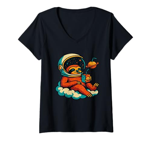 Damen Faultier im Weltraum Helm Relaxing Cloud with Drink T-Shirt mit V-Ausschnitt Damen Faultier im Weltraum Helm Relaxing Cloud with Drink T-Shirt mit V-Ausschnitt von Cosmic Chill Club