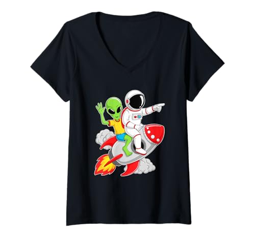Damen Alien und Astronaut reiten Rakete Cartoon T-Shirt mit V-Ausschnitt Damen Alien und Astronaut reiten Rakete Cartoon T-Shirt mit V-Ausschnitt von Cosmic Chill Co.