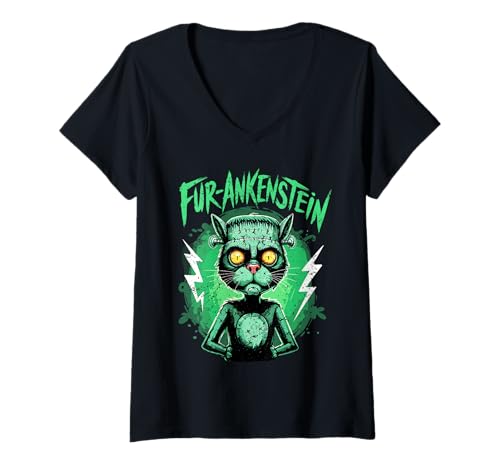 Damen Frankenstein Katzenmonster Fell Ankenstein T-Shirt mit V-Ausschnitt von Cosmic Chill Co.