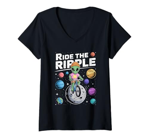 Damen Ride The Ripple Alien On Moon Fahrrad T-Shirt mit V-Ausschnitt Damen Ride The Ripple Alien On Moon Fahrrad T-Shirt mit V-Ausschnitt von Cosmic Chill Co.