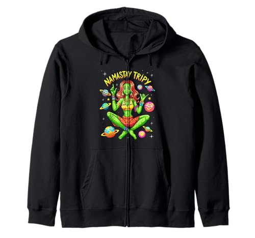 Grünes Alien-Mädchen Namastay Trippy Planets Kapuzenjacke Grünes Alien-Mädchen Namastay Trippy Planets Kapuzenjacke von Cosmic Chill Co.