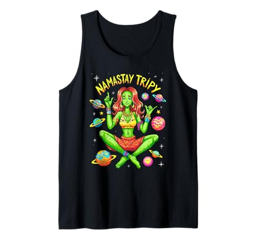 Grünes Alien-Mädchen Namastay Trippy Planets Tank Top Grünes Alien-Mädchen Namastay Trippy Planets Tank Top von Cosmic Chill Co.