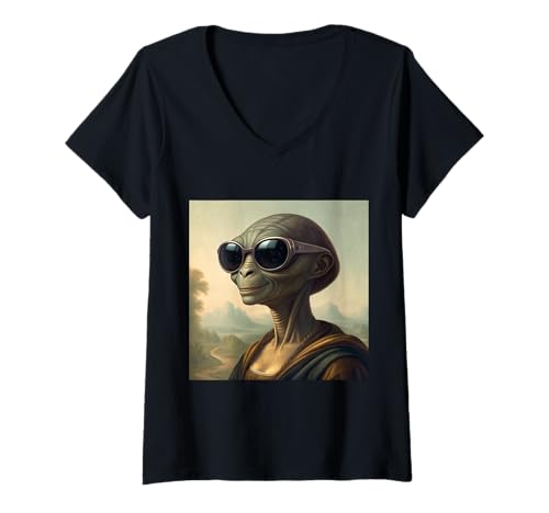 Damen Cooles Alien Mona Lisa inspiriertes Portrait mit Sonnenbrille T-Shirt mit V-Ausschnitt Damen Cooles Alien Mona Lisa inspiriertes Portrait mit Sonnenbrille T-Shirt mit V-Ausschnitt von Cosmic Classic Art