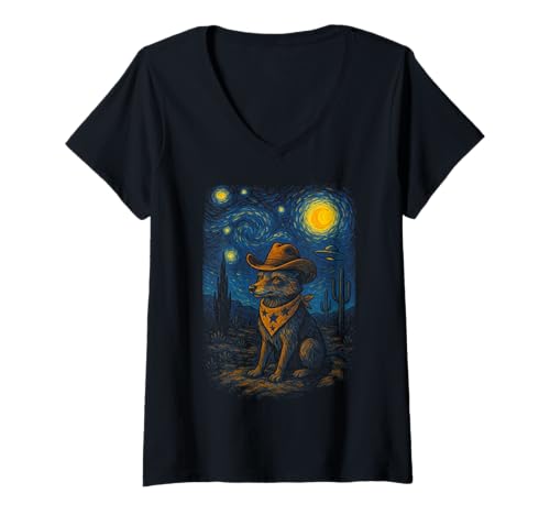 Damen Coyote Cowboy, UFO-Motiv: Sternennacht in der Western-Wüste T-Shirt mit V-Ausschnitt Damen Coyote Cowboy, UFO-Motiv: Sternennacht in der Western-Wüste T-Shirt mit V-Ausschnitt von Cosmic Coyote Western Art