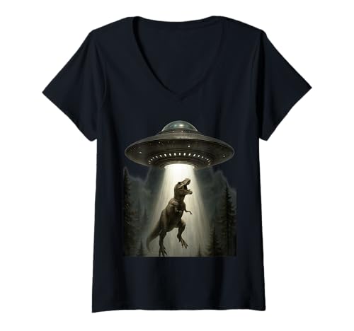 Damen T-Rex Abduktion Alien UFO Dinosaurier Sci-Fi T-Shirt mit V-Ausschnitt Damen T-Rex Abduktion Alien UFO Dinosaurier Sci-Fi T-Shirt mit V-Ausschnitt von Cosmic Cretaceous Threads