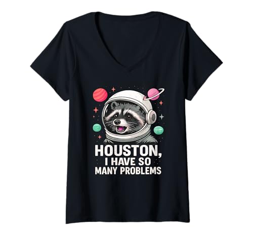 Damen Houston Ich Habe so viele Probleme Süßer Weltraumwaschbär-Astronaut T-Shirt mit V-Ausschnitt Damen Houston Ich Habe so viele Probleme Süßer Weltraumwaschbär-Astronaut T-Shirt mit V-Ausschnitt von Cosmic Critters Oddities