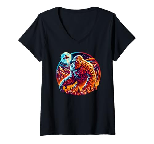 Damen Sasquatch UFO Mondszene Cryptid Alien Encounter Artwork T-Shirt mit V-Ausschnitt Damen Sasquatch UFO Mondszene Cryptid Alien Encounter Artwork T-Shirt mit V-Ausschnitt von Cosmic Cryptid Collective Men Women Kids Boys Teen