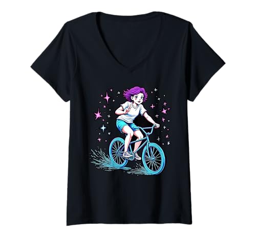 Damen Mädchen Biking Through Stars Fun Adventure T-Shirt mit V-Ausschnitt Damen Mädchen Biking Through Stars Fun Adventure T-Shirt mit V-Ausschnitt von Cosmic Cycling Adventure Tee for Kids