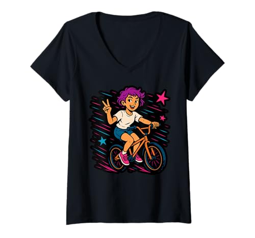 Damen Mädchen Biking Through Stars Fun Adventure T-Shirt mit V-Ausschnitt Damen Mädchen Biking Through Stars Fun Adventure T-Shirt mit V-Ausschnitt von Cosmic Cycling Adventure Tee for Kids