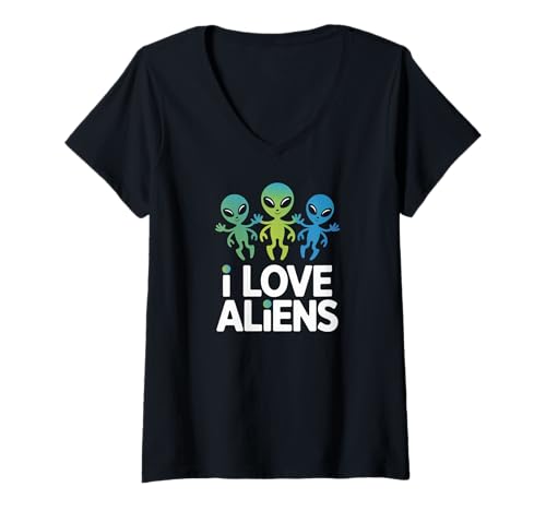 Damen I Love Aliens Lustiges UFO-Enthusiasten-Geschenk T-Shirt mit V-Ausschnitt Damen I Love Aliens Lustiges UFO-Enthusiasten-Geschenk T-Shirt mit V-Ausschnitt von Cosmic Extraterrestrial Enthusiast