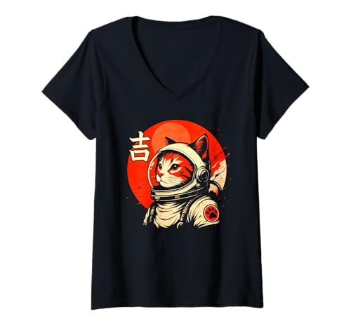 Damen Astronaut Cat Space Explorer Retro Japanische Kunst T-Shirt mit V-Ausschnitt Damen Astronaut Cat Space Explorer Retro Japanische Kunst T-Shirt mit V-Ausschnitt von Cosmic Feline Vintage Anime Space Cat Illustration