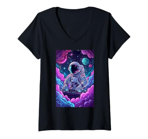 Damen Galactic Groove DJs Weltraumabenteuer Astronaut Moon Music T-Shirt mit V-Ausschnitt Damen Galactic Groove DJs Weltraumabenteuer Astronaut Moon Music T-Shirt mit V-Ausschnitt von Cosmic Jams Deep Space Music