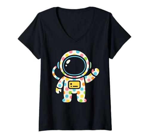 Damen Astronaut Cute Space mit Buntem Punkt T-Shirt mit V-Ausschnitt Damen Astronaut Cute Space mit Buntem Punkt T-Shirt mit V-Ausschnitt von Cosmic Journey Playful Galaxy