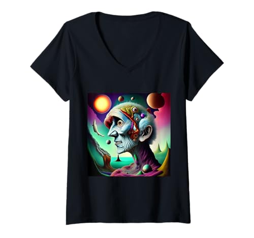 Damen Surreales Porträt im Weltraum T-Shirt mit V-Ausschnitt Damen Surreales Porträt im Weltraum T-Shirt mit V-Ausschnitt von Cosmic Mindscapes