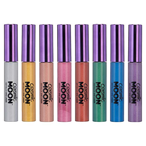 Cosmic Moon - Metallic-Eyeliner - 10ml - Für faszinierende Metallic-Augenstile - Set mit 8 Farben - Enthält: Silber, Gold, Roségold, Rosa, Rot, Grün, Blau, Violett von Cosmic Moon