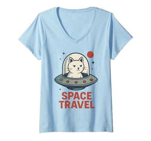 Damen Weltraumreise-Katze im UFO T-Shirt mit V-Ausschnitt Damen Weltraumreise-Katze im UFO T-Shirt mit V-Ausschnitt von Cosmic Neko Co.