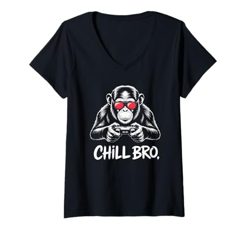 Damen Chill Bro - Gamer Monkey Videospiel AFFE mit Sonnenbrille T-Shirt mit V-Ausschnitt Damen Chill Bro - Gamer Monkey Videospiel AFFE mit Sonnenbrille T-Shirt mit V-Ausschnitt von Cosmic Primate Designs