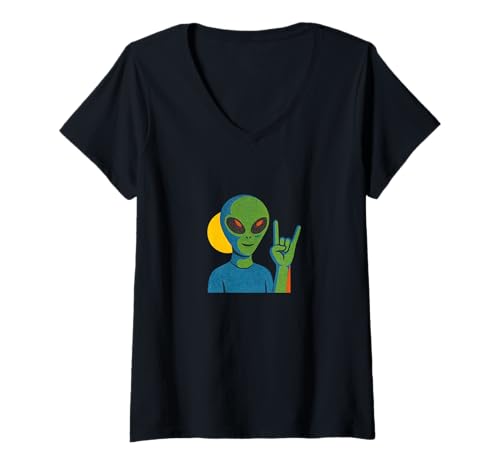 Damen Rock and Roll Alien Lustiges Weltraum-Handzeichen-Design T-Shirt mit V-Ausschnitt Damen Rock and Roll Alien Lustiges Weltraum-Handzeichen-Design T-Shirt mit V-Ausschnitt von Cosmic Rock Rebel Emporiums