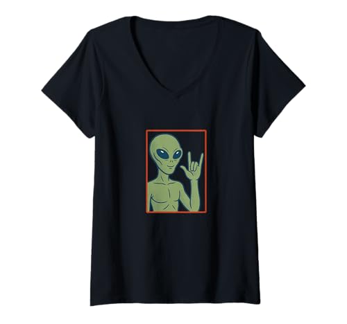 Damen Rock and Roll Alien Lustiges Weltraum-Handzeichen-Design T-Shirt mit V-Ausschnitt von Cosmic Rock Rebel Style Emporiums