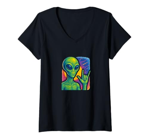 Damen Rock and Roll Alien Lustiges Weltraum-Handzeichen-Design T-Shirt mit V-Ausschnitt von Cosmic Rock Rebel Style Emporiums