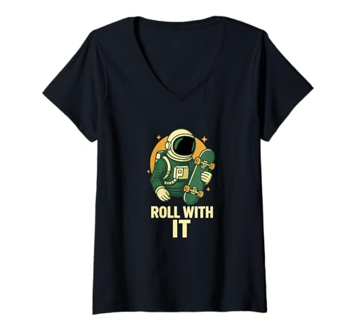 Damen Astronaut Skateboard Roll with It Funny Space T-Shirt mit V-Ausschnitt Damen Astronaut Skateboard Roll with It Funny Space T-Shirt mit V-Ausschnitt von Cosmic Skate and Streetwear Apparel