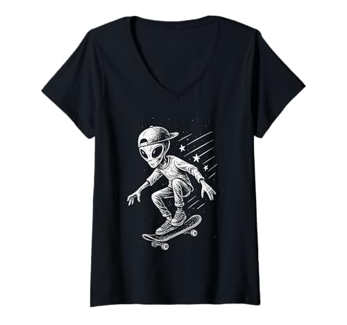 Damen Skateboarder Alien Space Lustiges kosmisches Skateboarden T-Shirt mit V-Ausschnitt Damen Skateboarder Alien Space Lustiges kosmisches Skateboarden T-Shirt mit V-Ausschnitt von Cosmic Skater Alien Skateboarding Space Sci-Fi