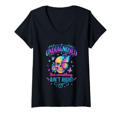 Damen Nicht diagnostiziert, Aber etwas stimmt Nicht Schädel T-Shirt mit V-Ausschnitt von Cosmic Skull Butterfly Expression Fusion
