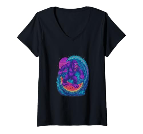 Damen Surreal Gorilla Surf - Cosmic Wave mit Wassermelonenbrett T-Shirt mit V-Ausschnitt Damen Surreal Gorilla Surf - Cosmic Wave mit Wassermelonenbrett T-Shirt mit V-Ausschnitt von Cosmic Surfer Ape Fantasy Apparel