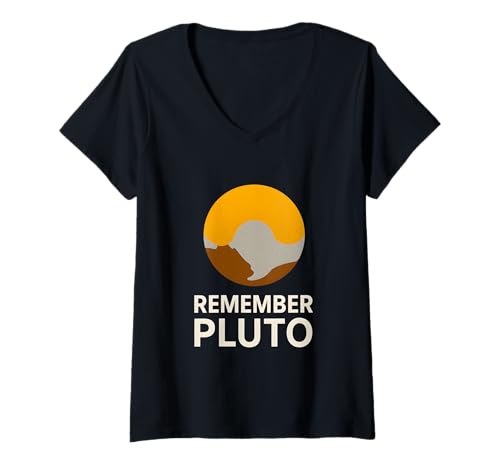 Damen Erinnere dich an Pluto Vintage Space Explorer T-Shirt mit V-Ausschnitt Damen Erinnere dich an Pluto Vintage Space Explorer T-Shirt mit V-Ausschnitt von Cosmic Voyager - Astronaut and Space Fashion