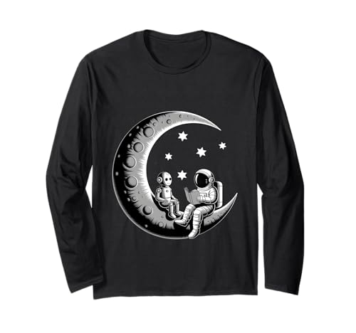 Astronaut Reading Book to Robot Moon Space Learn Women Kids Langarmshirt von Cosmic storytelling Lunar Literature Technology