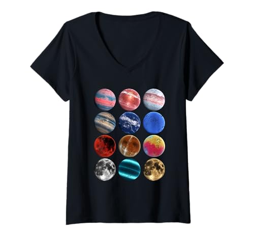 Damen Retro Monde und Planeten Color Pop Halbton Space Art T-Shirt mit V-Ausschnitt Damen Retro Monde und Planeten Color Pop Halbton Space Art T-Shirt mit V-Ausschnitt von CosmicCycle