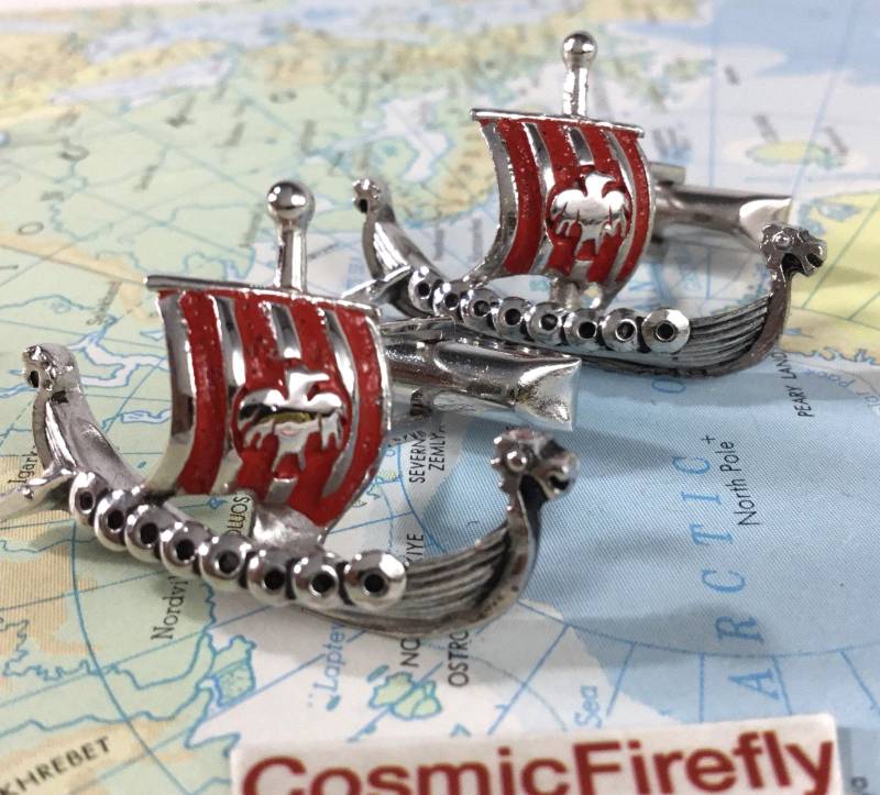 1950 Vintage Wikinger Schiff Manschettenknöpfe Voll Segel Boot Rot Silber Swank Usa Mcm Männer Weihnachtsgeschenke Dads von CosmicFirefly