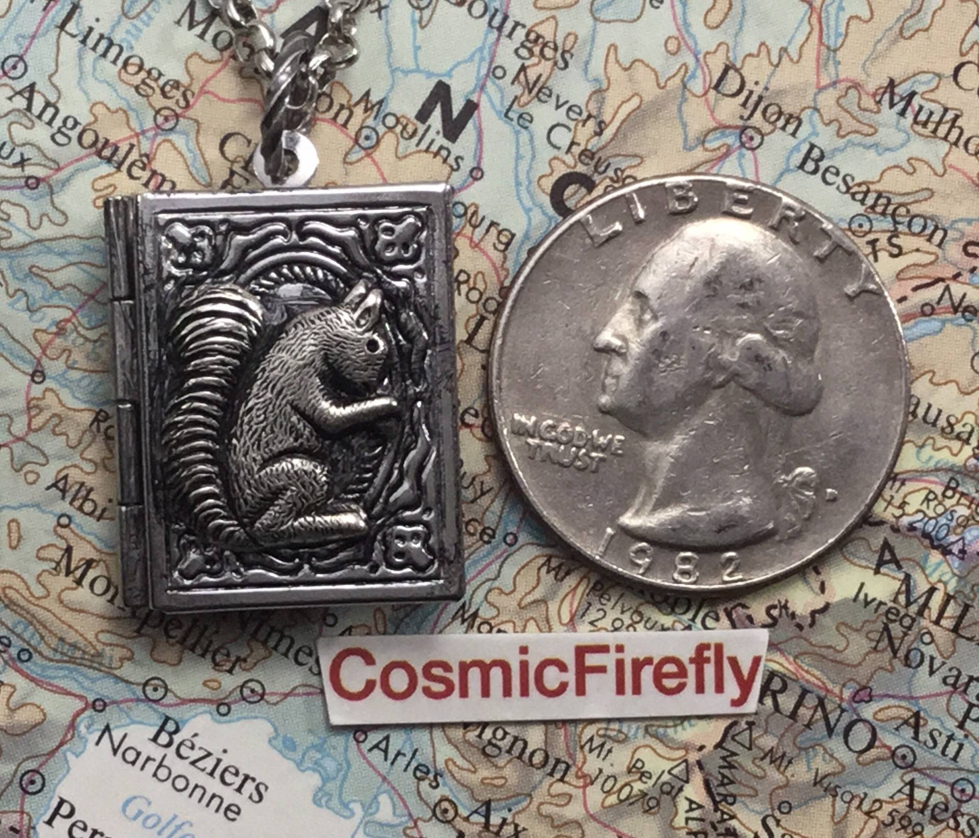 Kleines Eichhörnchen-Buch Locket Halskette Antiqued Silber-Ton-Metall Crafty Kostüm Schmuck Free Geschenk-Box von CosmicFirefly