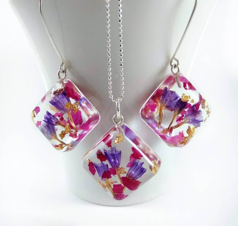 Bunte Boho Schmuck Set Echte Blume Terrarium Halskette Für Frauen Gepresst Etui Harz Ohrringe Freund von CosmicLensJewellery