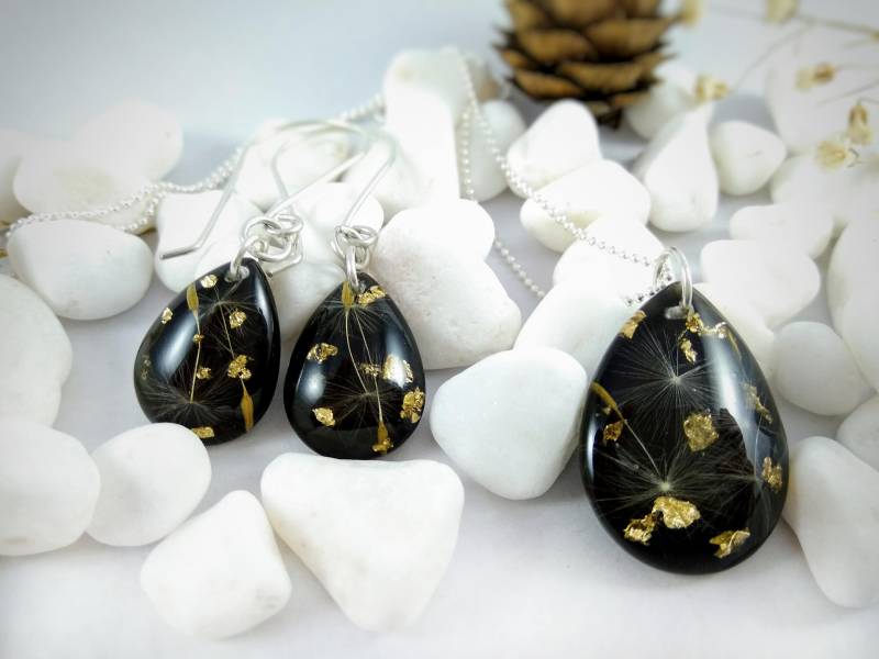 Schwarze Löwenzahn Halskette Silber Harz Schmuck Set Teardrop Halsketten Für Frauen Geschenke Ihre Schwarzen Anhänger Baumlege Ohrringe Samen von CosmicLensJewellery