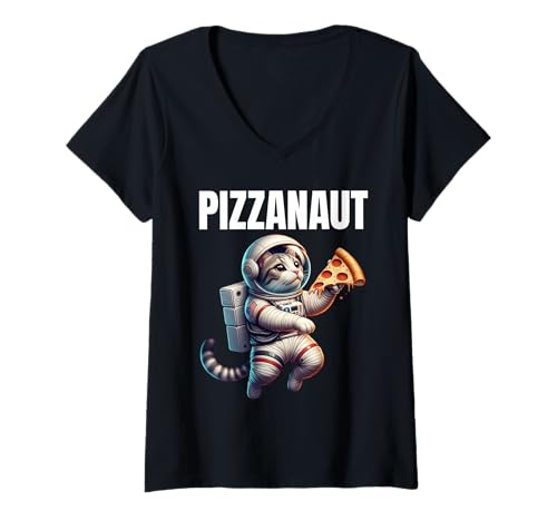Damen Pizzanaut Astronaut Katze Pizza T-Shirt mit V-Ausschnitt Damen Pizzanaut Astronaut Katze Pizza T-Shirt mit V-Ausschnitt von CosmicPaws