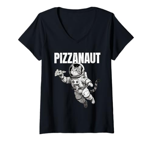 Damen Pizzanaut Astronaut Katze Pizza T-Shirt mit V-Ausschnitt Damen Pizzanaut Astronaut Katze Pizza T-Shirt mit V-Ausschnitt von CosmicPaws