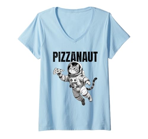 Damen Pizzanaut Astronaut Katze Pizza T-Shirt mit V-Ausschnitt Damen Pizzanaut Astronaut Katze Pizza T-Shirt mit V-Ausschnitt von CosmicPaws