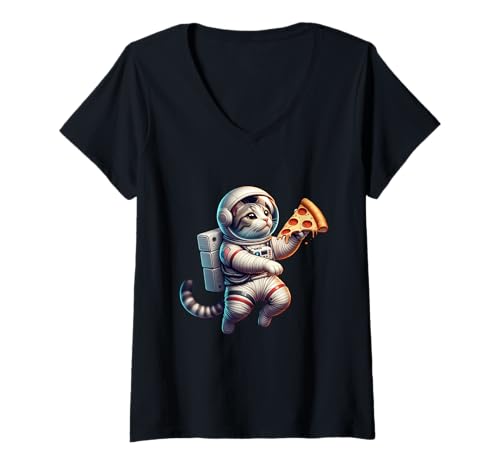 Damen Pizzanaut Astronaut Katze Pizza T-Shirt mit V-Ausschnitt Damen Pizzanaut Astronaut Katze Pizza T-Shirt mit V-Ausschnitt von CosmicPaws