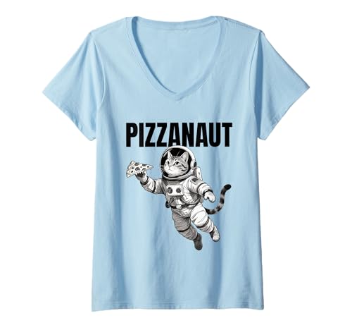 Damen Pizzanaut Astronaut Katze Pizza T-Shirt mit V-Ausschnitt Damen Pizzanaut Astronaut Katze Pizza T-Shirt mit V-Ausschnitt von CosmicPaws