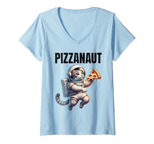 Damen Pizzanaut Astronaut Katze Pizza T-Shirt mit V-Ausschnitt Damen Pizzanaut Astronaut Katze Pizza T-Shirt mit V-Ausschnitt von CosmicPaws