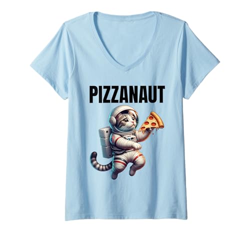 Damen Pizzanaut Astronaut Katze Pizza T-Shirt mit V-Ausschnitt Damen Pizzanaut Astronaut Katze Pizza T-Shirt mit V-Ausschnitt von CosmicPaws