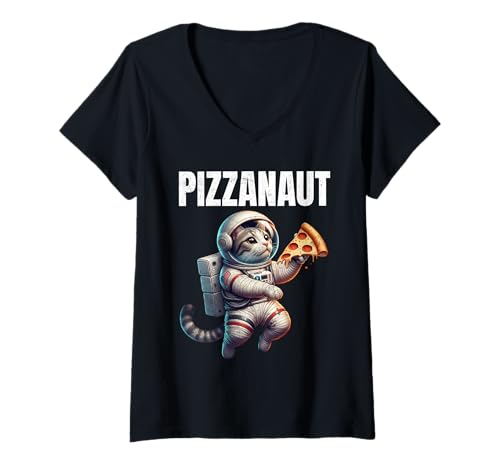 Damen Pizzanaut Astronaut Katze Pizza T-Shirt mit V-Ausschnitt Damen Pizzanaut Astronaut Katze Pizza T-Shirt mit V-Ausschnitt von CosmicPaws