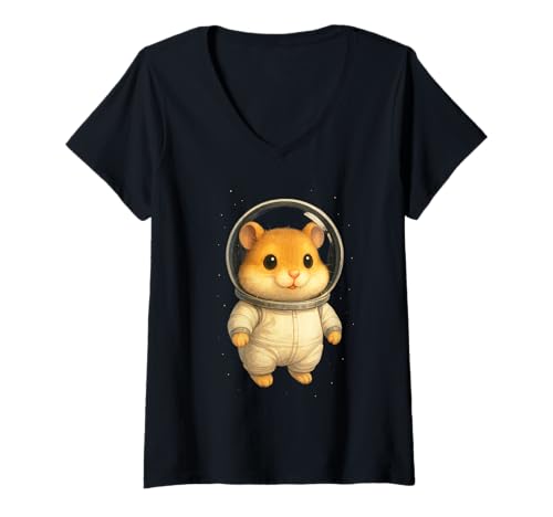 Damen Entzückender Weltraumhamster im Astronautenanzug, Cartoon-Design T-Shirt mit V-Ausschnitt Damen Entzückender Weltraumhamster im Astronautenanzug, Cartoon-Design T-Shirt mit V-Ausschnitt von CosmoCritters