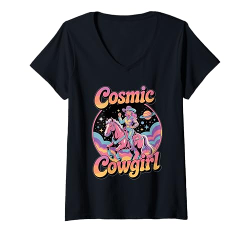 Damen Cosmic Cowgirl Western Space Fantasy Retro Feminine Power T-Shirt mit V-Ausschnitt Damen Cosmic Cowgirl Western Space Fantasy Retro Feminine Power T-Shirt mit V-Ausschnitt von CosmoRide