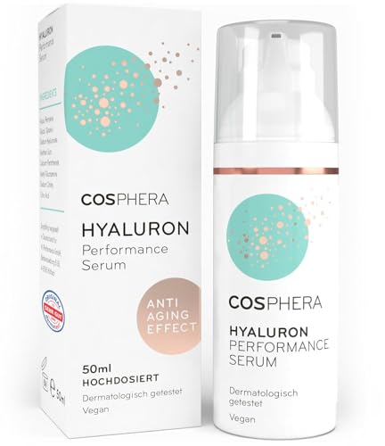 Cosphera Hyaluron Serum hochdosiert 50ml Vegan I Hyaluronsäure Konzentrat Microneedling geeignet I Anti Falten Creme für Augen, Gesicht, Hals & Dekollete Anti Aging Gel für Frauen und Männer von Cosphera