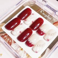 Cosplus - Monina Premium Wearable Gel Nail Tips Set Burgundy Pearl Hand-Painted Flowers - 1 Set von Cosplus